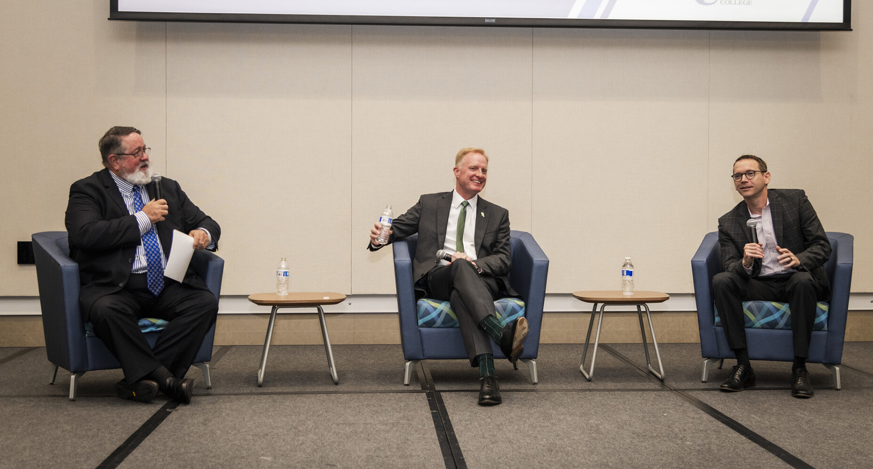 (From left) Collin College President Dr. Neil Matkin, Harrison Keller, president of the University of North TexasTexas Education Agency Commissioner of Education, and Mike Morath, are featured in a conversation during the keynote luncheon.