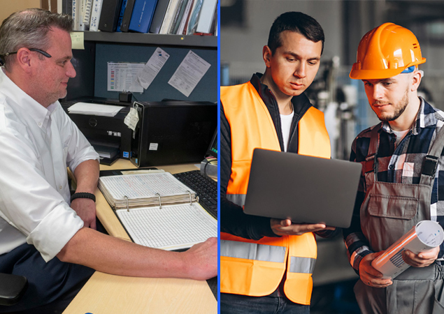 Image of Facilities Manager working at a desk and image of Construction Safety worker consulting with a construction worker on site.