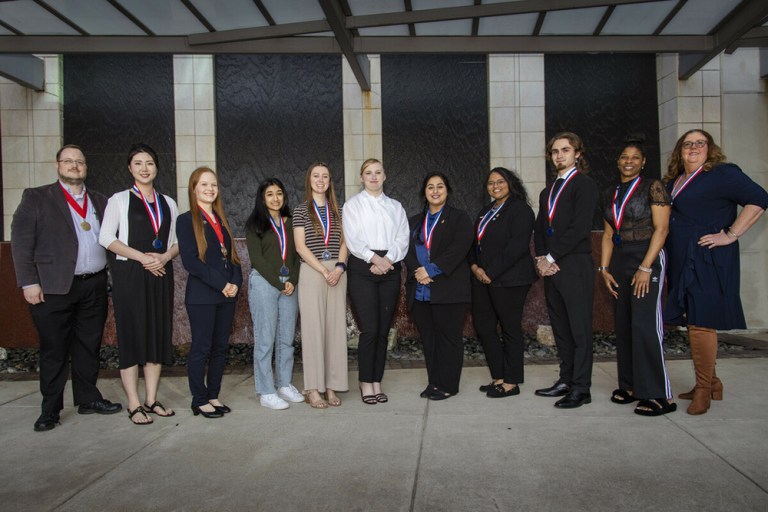 Several Collin College All-Texas Academic Team recipients were photographed at a recent Collin College Board meeting. Left to right: Michael Hamblin, Eunha Jung, Alexis Merker, Maha (Maya) Shaikh, Sara Colley, Madison Kelcher, Khadija Ijaz, Deeksha Vivekanand, Randall Sallings, Shantel Thomas, and Kelly Blankenship.