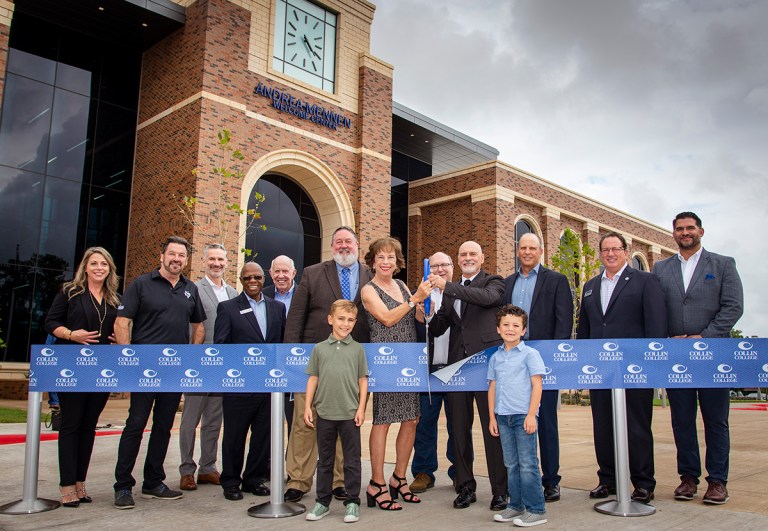 McKinney Campus Welcome Center Ribbon Cutting. August 18, 2022 Left to right Back: Lisa Hermes (McKinney Chamber of Commerce President), George Fuller (City of McKinney Mayor), Glenn Callison (Collin College Foundation Vice Chair), Fred Moses (Collin College Board of Trustees), Dr. Robert J. Collins (Collin College Board of Trustees), Dr. H. Neil Matkin (Collin College District President), Christina Mennen Andrea (The Andrea-Mennen Family Foundation Vice President), Andrew Hardin (Collin College Board of Trustees Chair), Rudy Andrea (The Andrea-Mennen Family Foundation President), Jay Saad (Collin College Board of Trustees Vice Chair), Dr. Rick McDaniel (McKinney ISD Superintendent), Peter Tokar (McKinney Economic Development Corporation President). Front: Finley McDonald (The Andrea-Mennen Family Foundation), Beckham McDonald (The Andrea-Mennen Family Foundation).